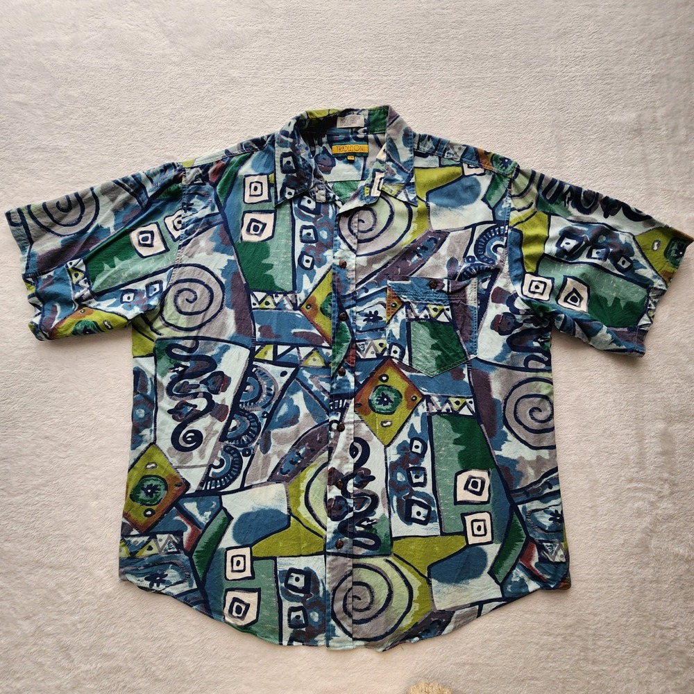 Vintage Tradizioni Button Up Shirt Mens‎ XL Blue Abstract Geometric 90s Retro